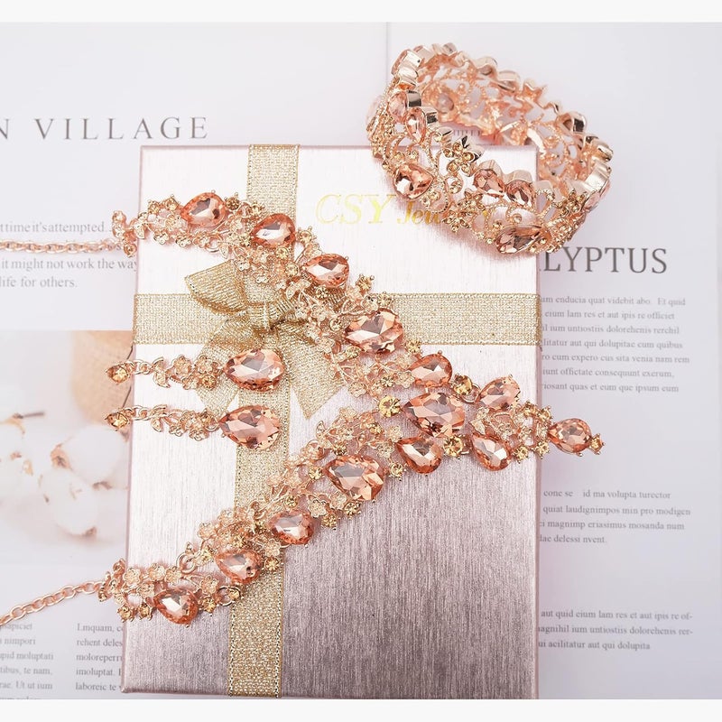 CSY Elegant Crystal Costume Jewelry Sets Flower Bridal Necklace Earrings Stretch Bangle Set for Bride Bridesmaid Wedding Dress Accessories - Image 4